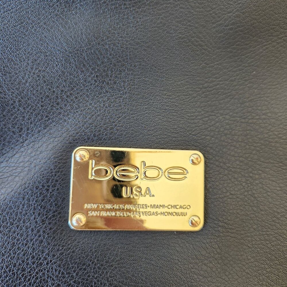 Bebe Black Faux Leather Bag Purse Large Gold Chains Glam Edgy Maximalism Loud - Picture 12 of 16